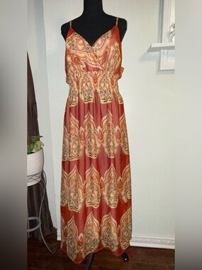 She's Cool Rust and Cream Paisley Tiered Maxi Dress